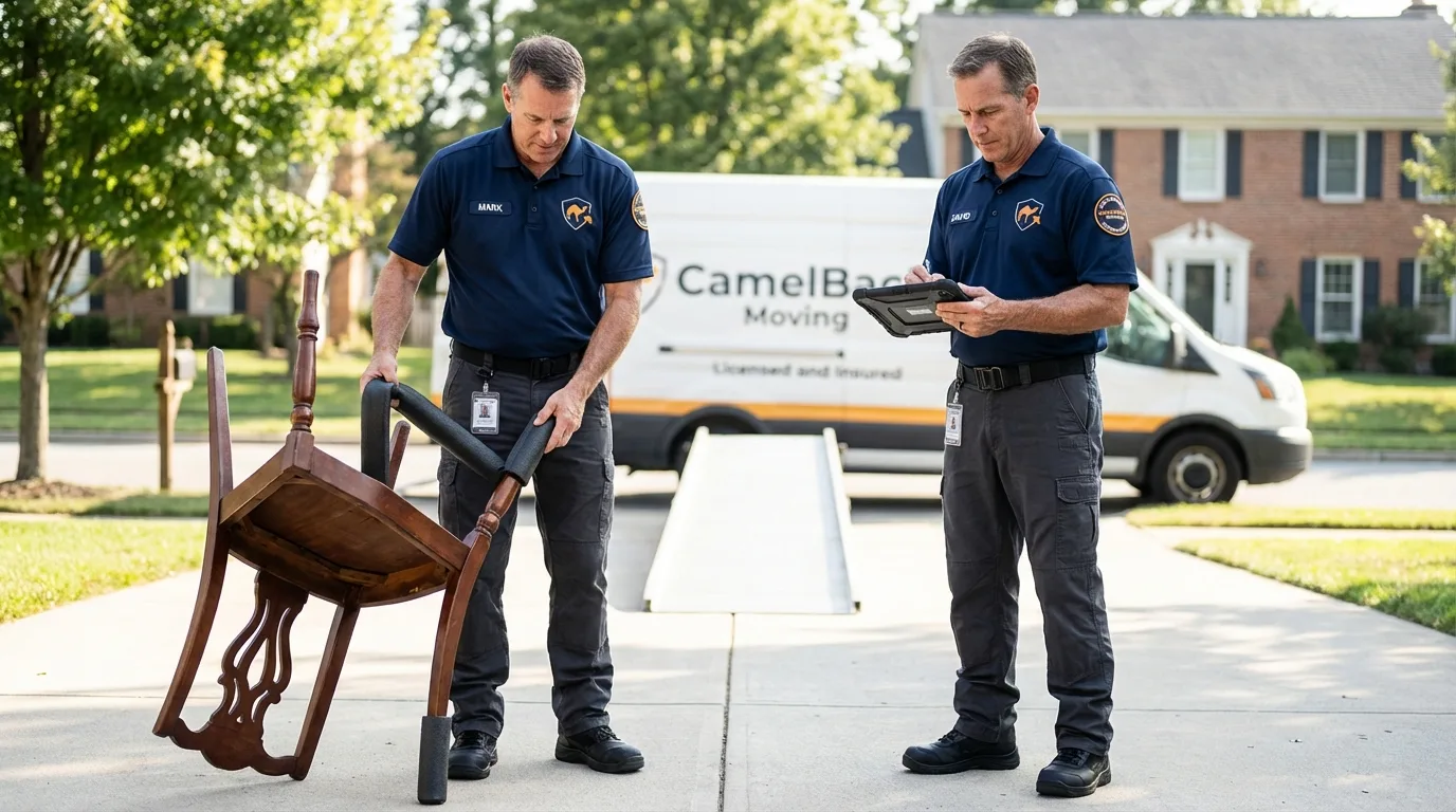 Movers inspecting furniture for damage prevention before loading in Federalsburg, MD