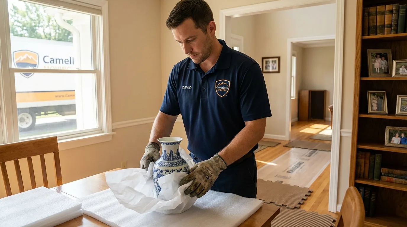 Professional crew carefully wrapping antique vase for senior downsizing move in Federalsburg, MD